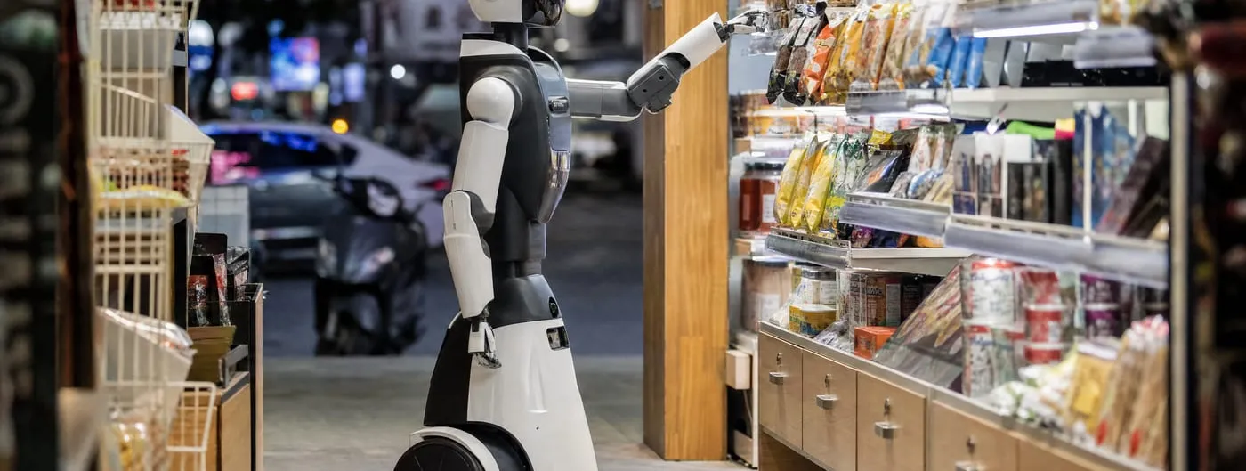 A wheeled humanoid robot with a white body and dark faceplate reaches toward packaged snacks on the shelves of a small brightly lit convenience kiosk, with a dark city street visible behind it.