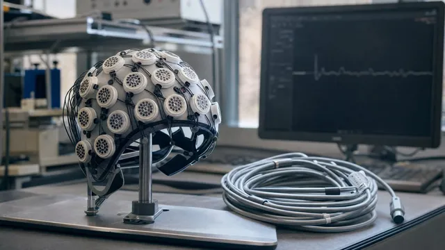 A white sensor array cap studded with round transducer discs and black cabling sits on a metal stand on a laboratory bench, beside a coil of grey cable and an out-of-focus monitor showing a waveform trace.
