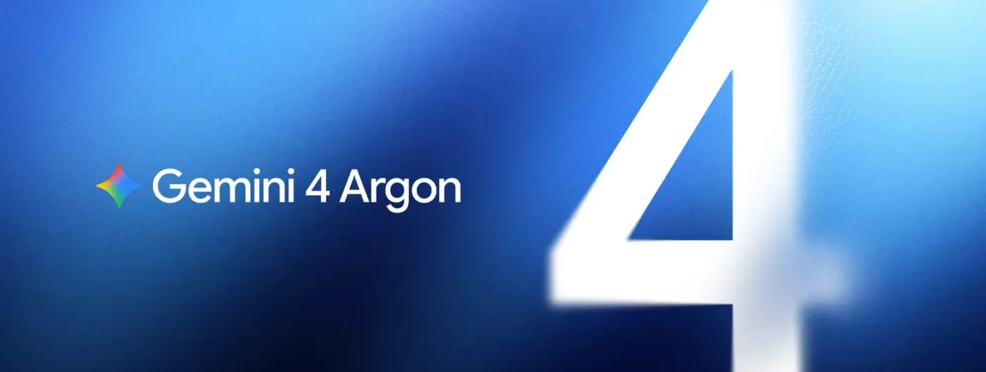 Google launch key art for Gemini 4 Argon, showing a large blurred white numeral 4 on a deep blue gradient beside the Gemini sparkle logo and the words Gemini 4 Argon.