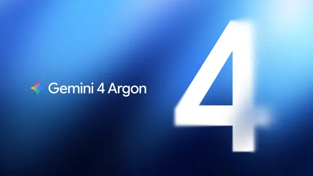 Google launch key art for Gemini 4 Argon, showing a large blurred white numeral 4 on a deep blue gradient beside the Gemini sparkle logo and the words Gemini 4 Argon.