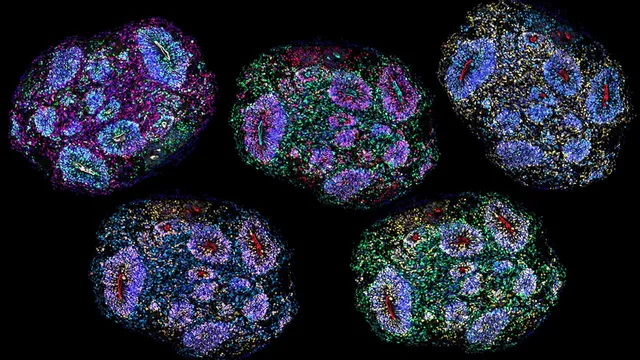 Five fluorescently stained sections of brain organoids on a black background, each a rounded mass a few millimetres across speckled in blue, green, magenta and yellow, with rosette-shaped clusters of densely packed cell nuclei.