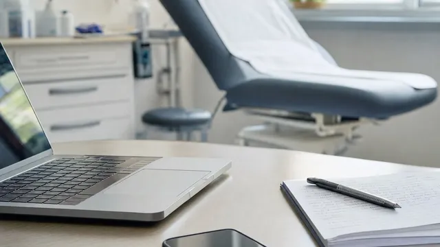 A smartphone lies face up on a consulting room desk beside an open laptop and a handwritten notebook, with an empty examination couch out of focus behind them.