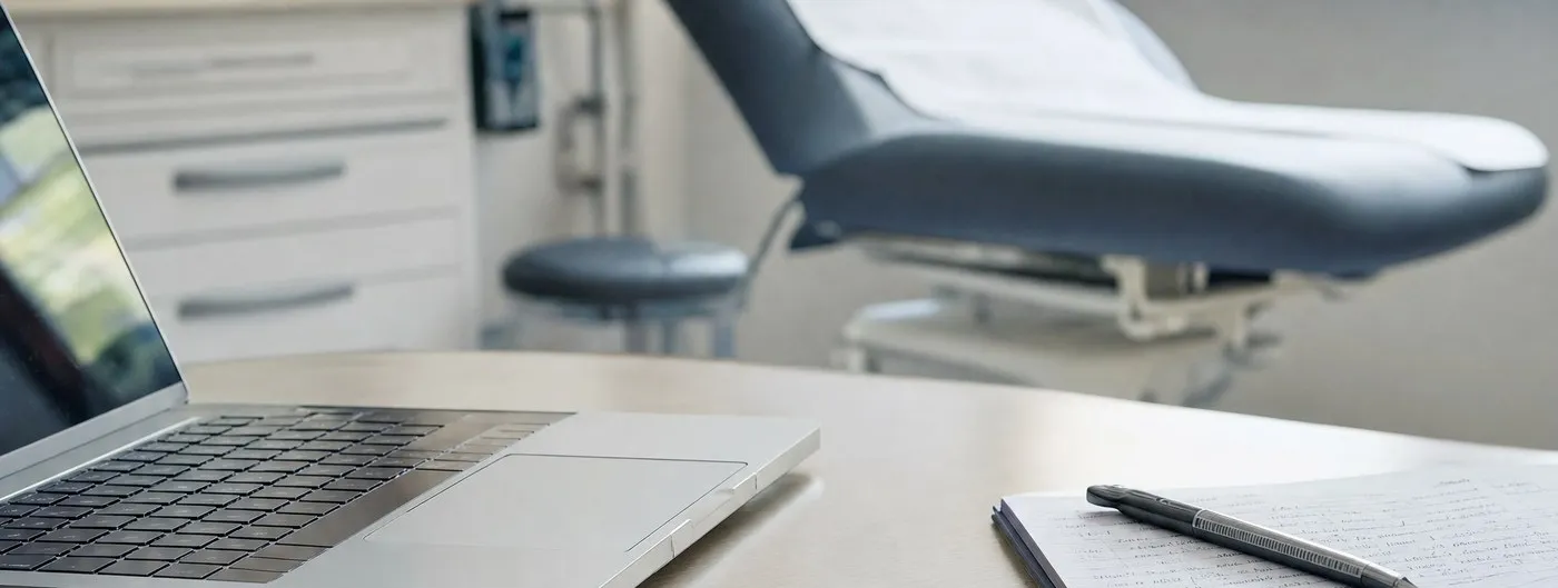 A smartphone lies face up on a consulting room desk beside an open laptop and a handwritten notebook, with an empty examination couch out of focus behind them.