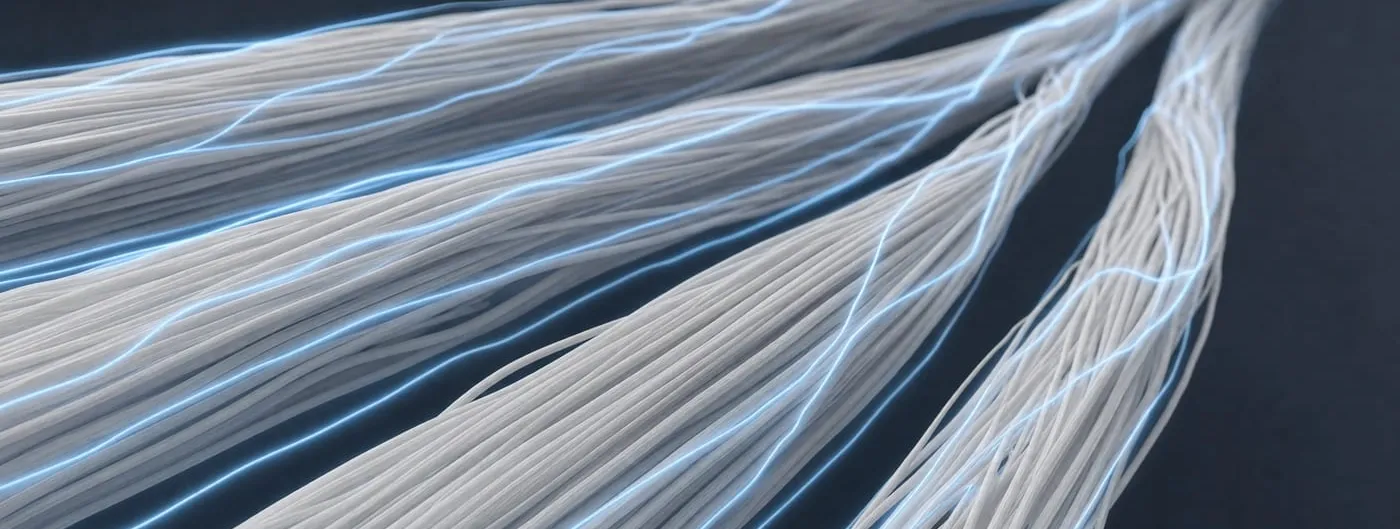 An abstract illustration of pale fibre bundles running diagonally across a dark slate background, grouped the way muscle fascicles are, with thin blue lines tracing along their length to suggest an applied electric field.