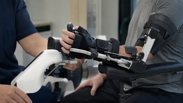 A motorised hand and forearm rehabilitation exoskeleton strapped to the arm of a seated person in a clinic, with a therapist supporting the device frame by hand.