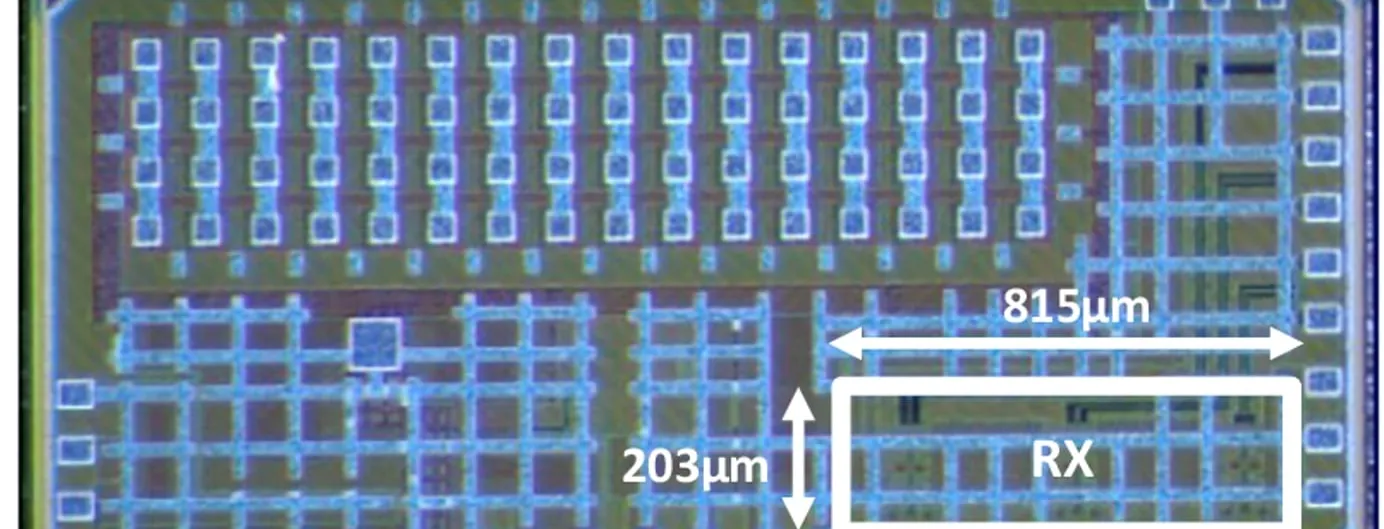 A microscope photograph of a rectangular integrated circuit die in blue and gold, with white arrows marking a receiver block measuring 815 by 203 micrometres.