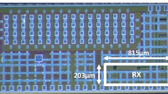 A microscope photograph of a rectangular integrated circuit die in blue and gold, with white arrows marking a receiver block measuring 815 by 203 micrometres.