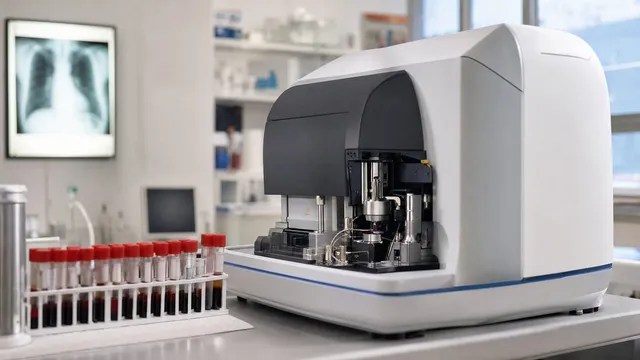 A white bench-top analytical instrument stands open on a laboratory counter beside a rack of red-capped blood tubes, with a chest radiograph glowing on a light box out of focus behind it.