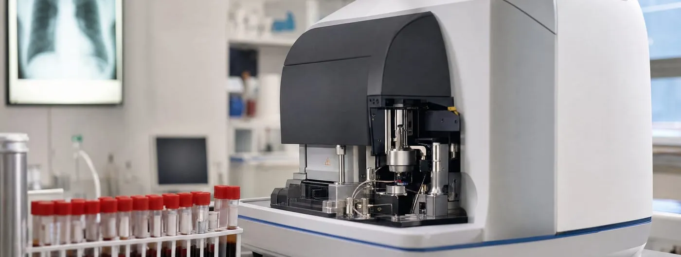 A white bench-top analytical instrument stands open on a laboratory counter beside a rack of red-capped blood tubes, with a chest radiograph glowing on a light box out of focus behind it.