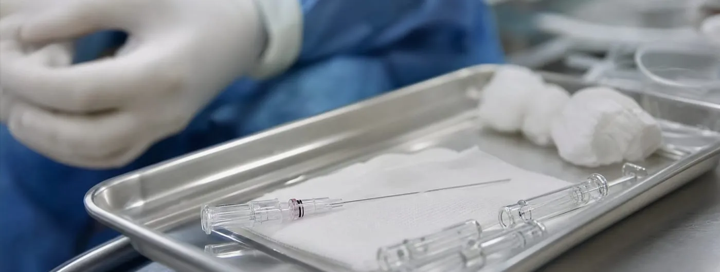 A sterile steel tray holding a long fine spinal needle, glass syringes and folded gauze, with a gowned clinician's gloved hands out of focus behind it.