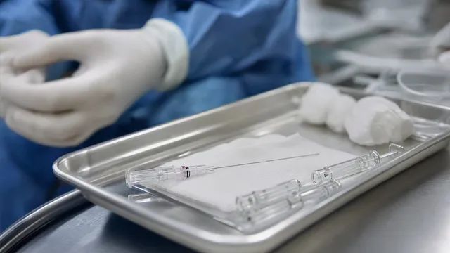 A sterile steel tray holding a long fine spinal needle, glass syringes and folded gauze, with a gowned clinician's gloved hands out of focus behind it.
