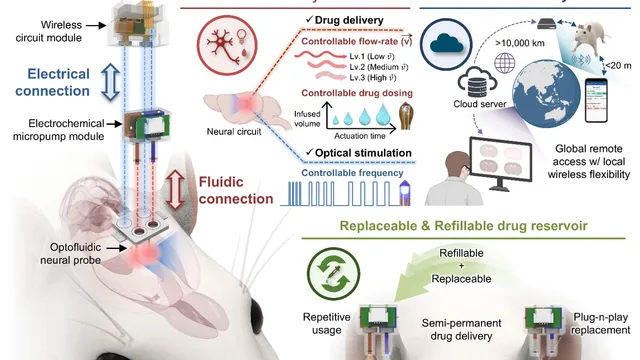 A labelled schematic showing a wireless circuit module, an electrochemical micropump and an optofluidic probe stacked on a mouse skull, with panels for programmable drug and light delivery and remote control over a distance of more than 10,000 km.