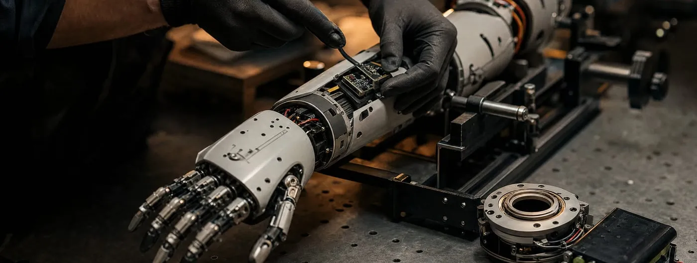A gloved engineer's hands fit a sensor module into an articulated humanoid robot arm and hand mounted in a workbench test fixture, with a rotary joint actuator and a battery pack laid out beside it.