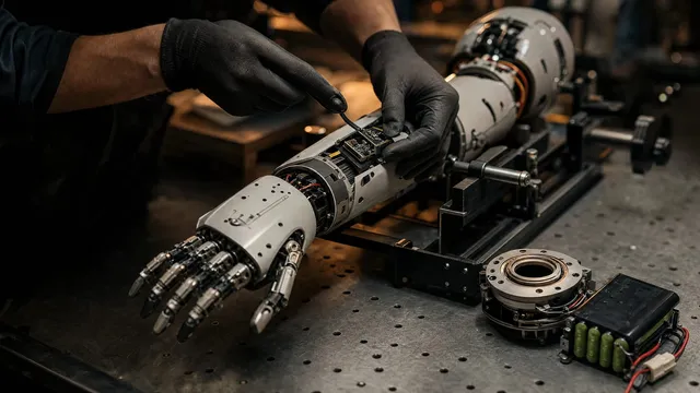 A gloved engineer's hands fit a sensor module into an articulated humanoid robot arm and hand mounted in a workbench test fixture, with a rotary joint actuator and a battery pack laid out beside it.