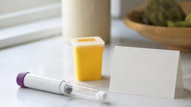 A subcutaneous autoinjector pen lies on a pale kitchen counter beside a small yellow sharps container and a blank folded card, lit by a nearby window.