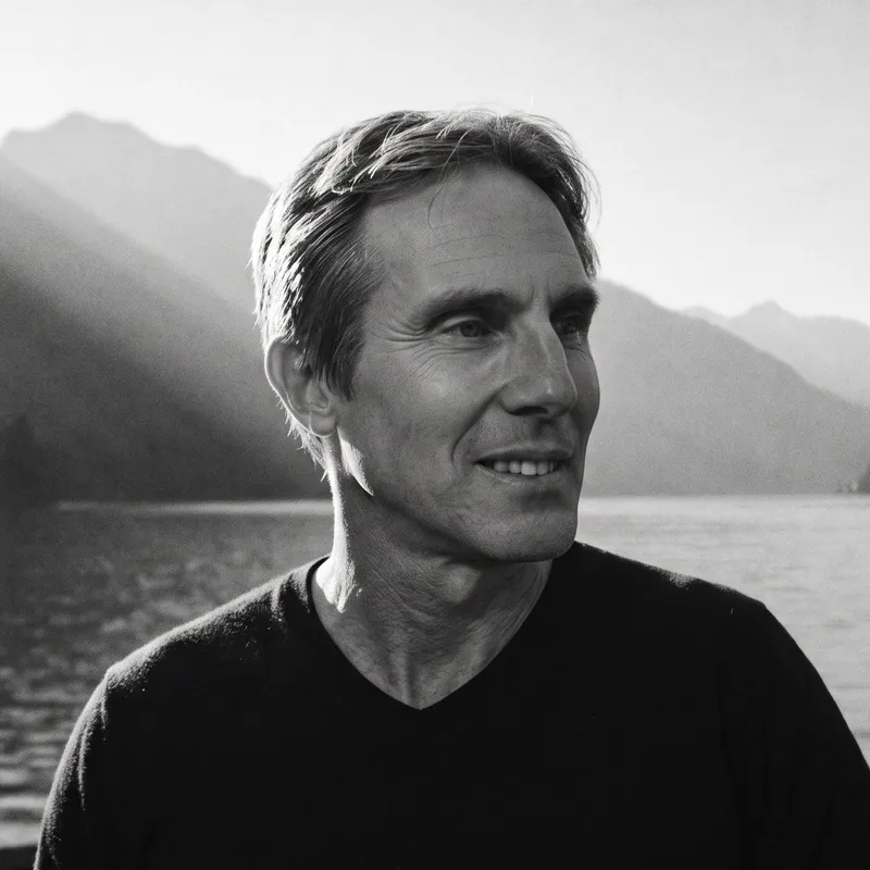 Mario Tremblay — black-and-white portrait, at the edge of a lake with mountains behind