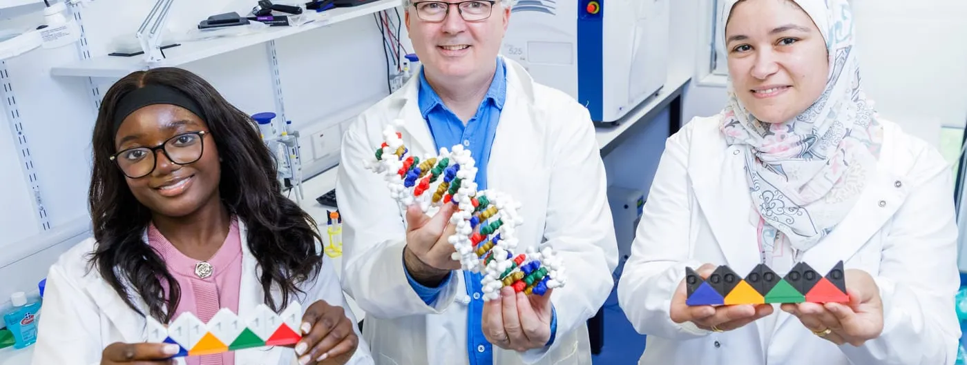 Three Maynooth University researchers in lab coats hold physical models of the DNA computer, a beaded double-helix strand and colour-coded triangular tiles representing its DNA scaffold.