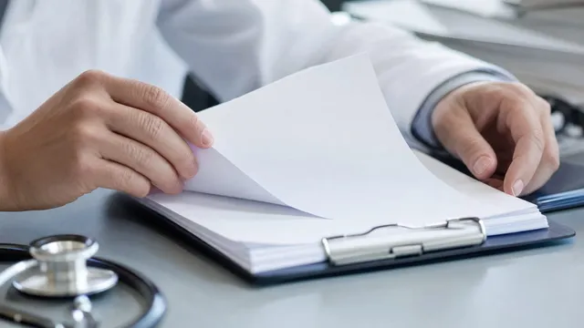 A clinician in a white coat turns a blank page on a clipboard of paperwork, a stethoscope resting on the desk beside it.