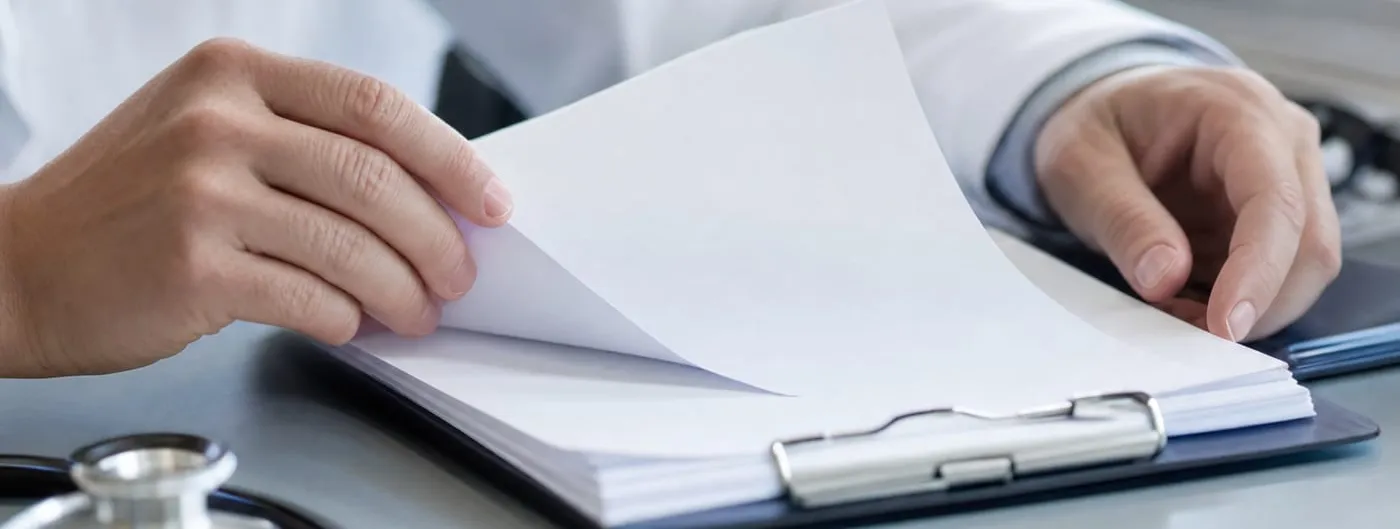 A clinician in a white coat turns a blank page on a clipboard of paperwork, a stethoscope resting on the desk beside it.