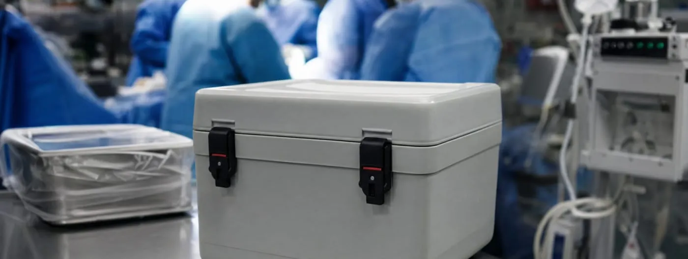 A sealed white organ transport cooler sits on a stainless steel table in an operating theatre, with gowned and masked surgical staff working out of focus behind it.