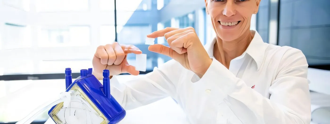 A researcher in a white shirt smiles at the camera in a bright glass-walled building, holding a small translucent rectangular membrane sample between the fingers of both hands, with a blue and yellow oxygenator cartridge standing on the bench in front of her.