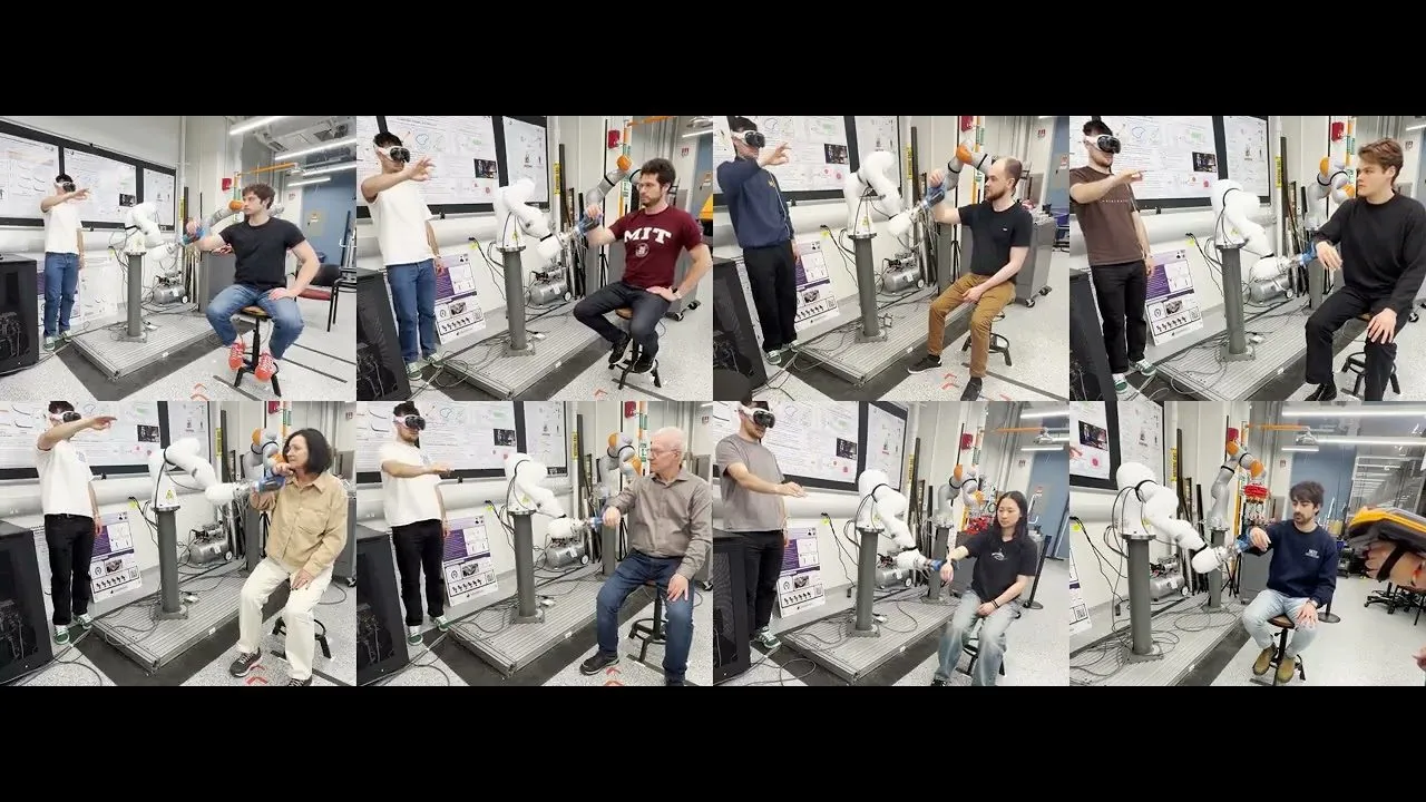A grid of eight laboratory photographs, each with a different person seated beside a robot arm; in most of them a standing operator wearing a headset guides the arm by hand.