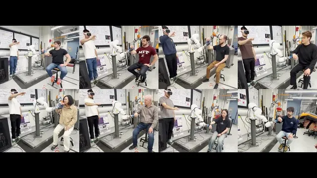 A grid of eight laboratory photographs, each with a different person seated beside a robot arm; in most of them a standing operator wearing a headset guides the arm by hand.
