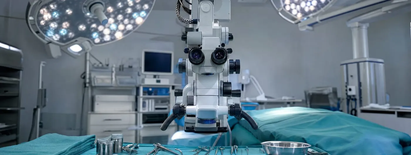 An empty operating theatre seen across a teal-draped table laid with surgical scissors, forceps and a steel bowl, with a binocular operating microscope positioned over the table and two overhead surgical light arrays switched on.
