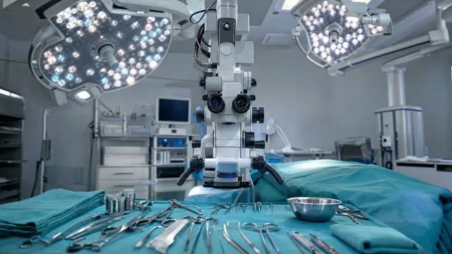 An empty operating theatre seen across a teal-draped table laid with surgical scissors, forceps and a steel bowl, with a binocular operating microscope positioned over the table and two overhead surgical light arrays switched on.