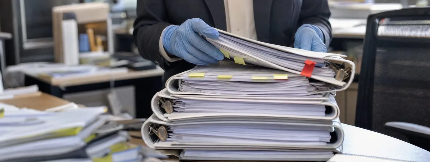 A gloved hand reviewing a tall stack of printed clinical-trial binders and tabbed folders on an office desk, one folder marked with a red flag tab.