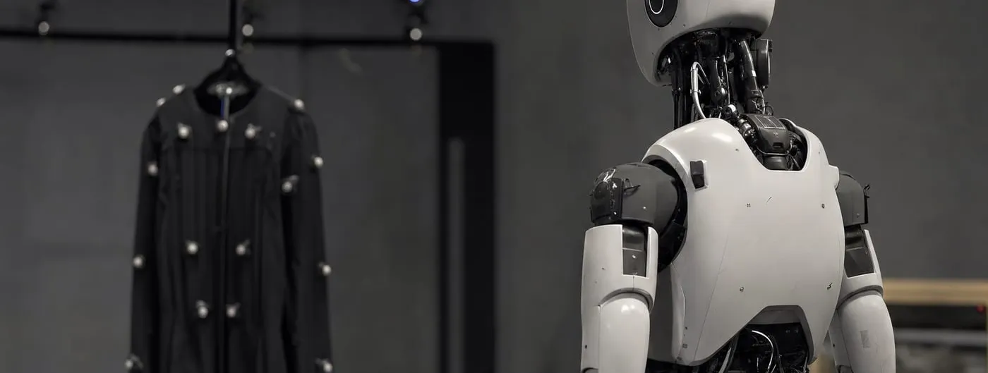 A white humanoid robot stands in a dark motion-capture studio beside a black capture suit hung on a stand and studded with reflective markers, tracking cameras mounted overhead.