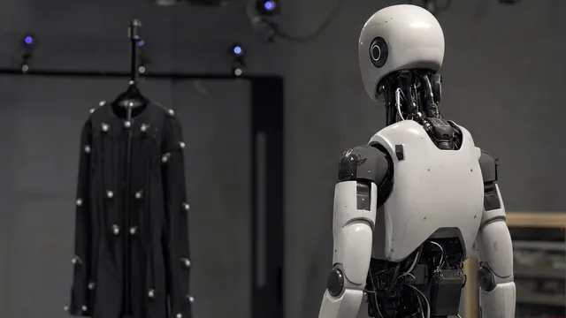 A white humanoid robot stands in a dark motion-capture studio beside a black capture suit hung on a stand and studded with reflective markers, tracking cameras mounted overhead.