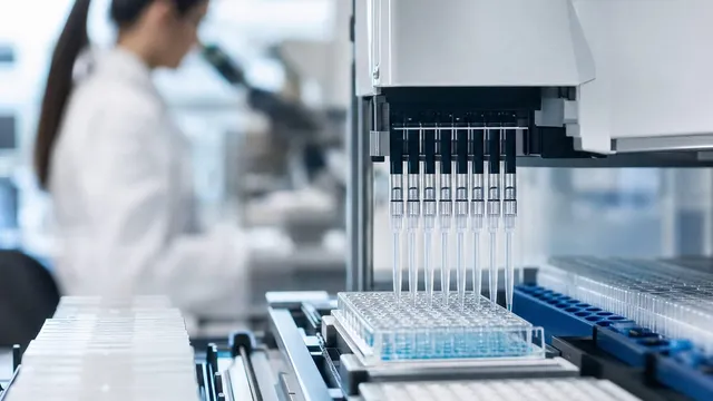 An automated pipetting head lowers eight tips into a clear multi-well plate on a laboratory bench, a researcher in a white coat out of focus behind it.