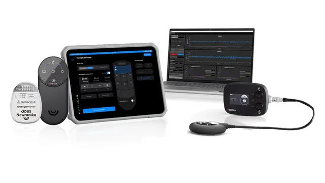 The Newronika αDBS system laid out together: the implantable pulse generator, the αDBS Link and αDBS Pat handheld units, a clinician tablet showing stimulation settings, and a laptop showing brain-signal recordings.