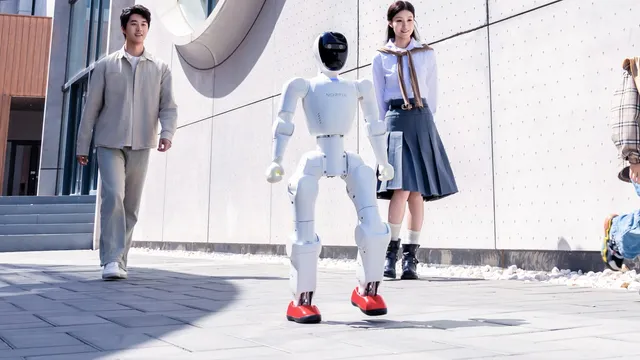 A white Noetix humanoid robot, its torso marked NOETIX, walks on a paved plaza between a man, a woman and a child outside the company headquarters.