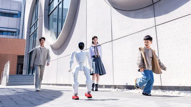 A white NOETIX-branded bipedal humanoid robot with a black visor-style head walks outdoors on a paved plaza past a man, a girl in a school uniform and a running boy, in front of a curved concrete building facade.