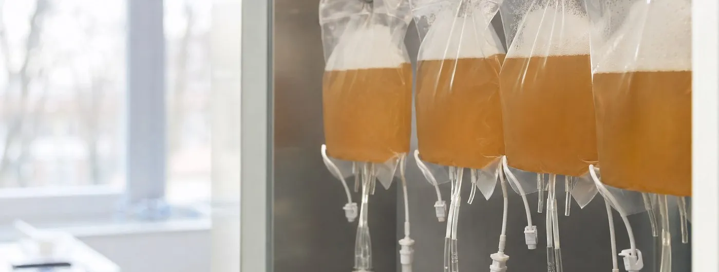 Four sterile transfer bags of pale amber cell suspension hang from a rail inside a stainless steel bioprocessing cabinet, their tubing sets dangling, in a bright laboratory.