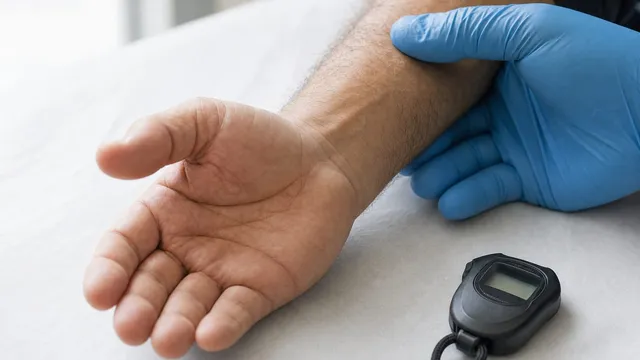 A close view of an adult hand resting palm-up on a clinic examination table while a gloved hand supports the wrist, with a plain stopwatch lying beside it.