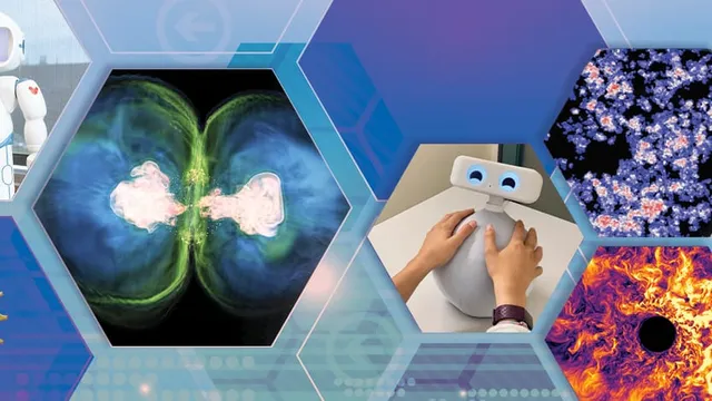 A hexagonal collage banner showing a person facing a small white humanoid robot, hands resting on a rounded tabletop robot, and two scientific simulation images.