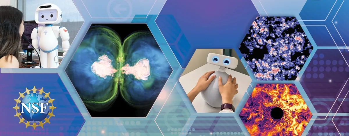 A hexagonal collage banner showing a person facing a small white humanoid robot, hands resting on a rounded tabletop robot, and two scientific simulation images.