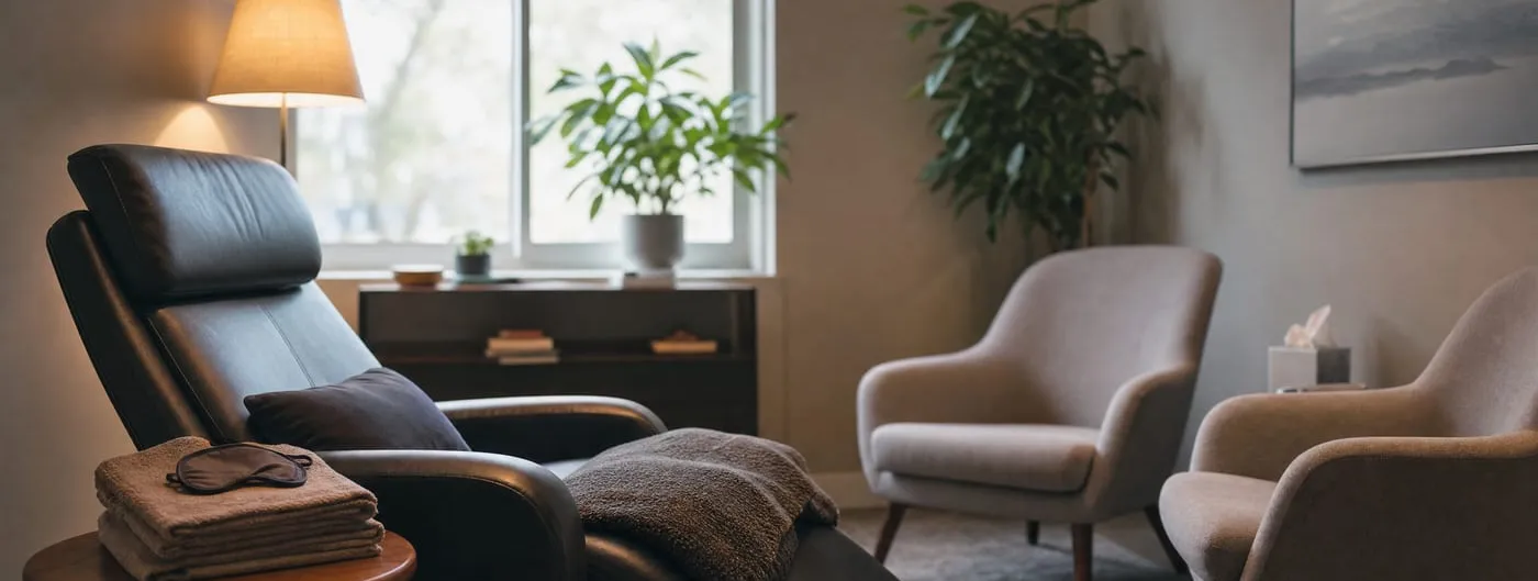 A quiet clinical therapy room with a reclining leather chair, a folded blanket and an eye mask resting on towels, and two upholstered armchairs facing it by a bright window.