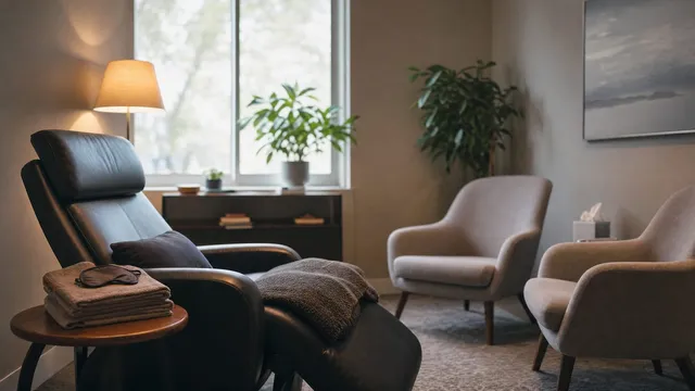 A quiet clinical therapy room with a reclining leather chair, a folded blanket and an eye mask resting on towels, and two upholstered armchairs facing it by a bright window.