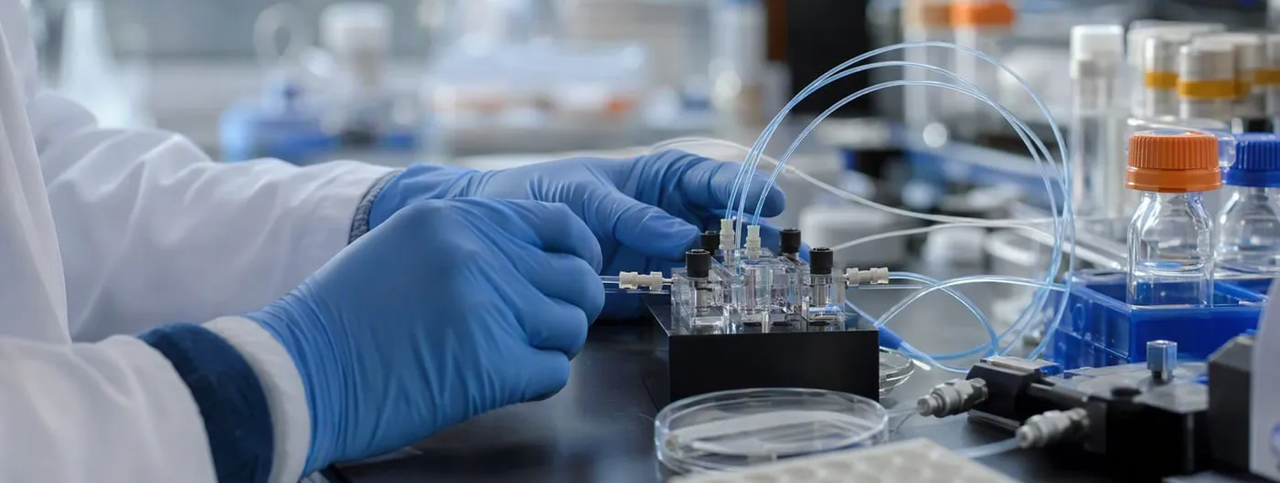 Photorealistic close-up of two blue-gloved hands assembling a microfluidic chip device connected by fine tubing to lab bottles and a petri dish, on a laboratory bench.