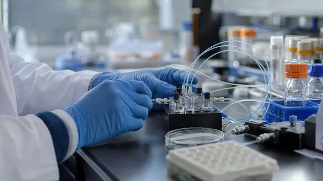 Photorealistic close-up of two blue-gloved hands assembling a microfluidic chip device connected by fine tubing to lab bottles and a petri dish, on a laboratory bench.