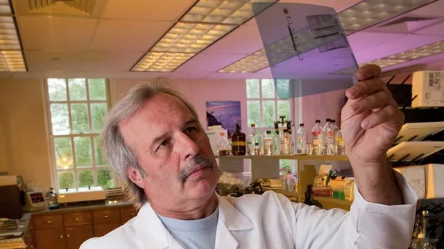 A researcher in a white lab coat holds a transparent film up to the ceiling lights of a laboratory, examining the dark bands on it, with reagent bottles on shelves behind him.