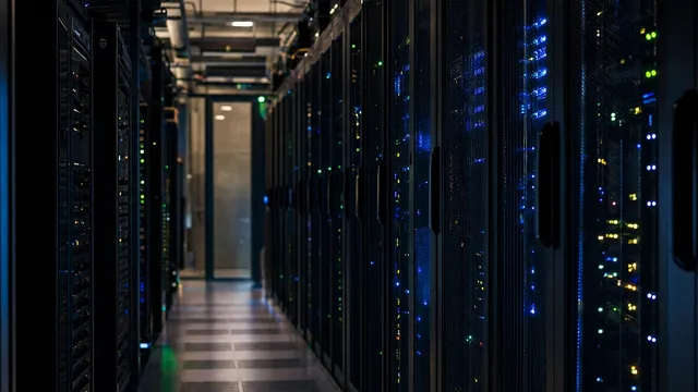 A dim data-centre corridor lined with server racks glowing with blue and green status lights, receding toward a lit doorway in the distance.