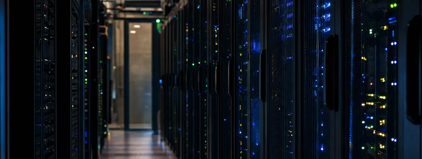 A dim data-centre corridor lined with server racks glowing with blue and green status lights, receding toward a lit doorway in the distance.