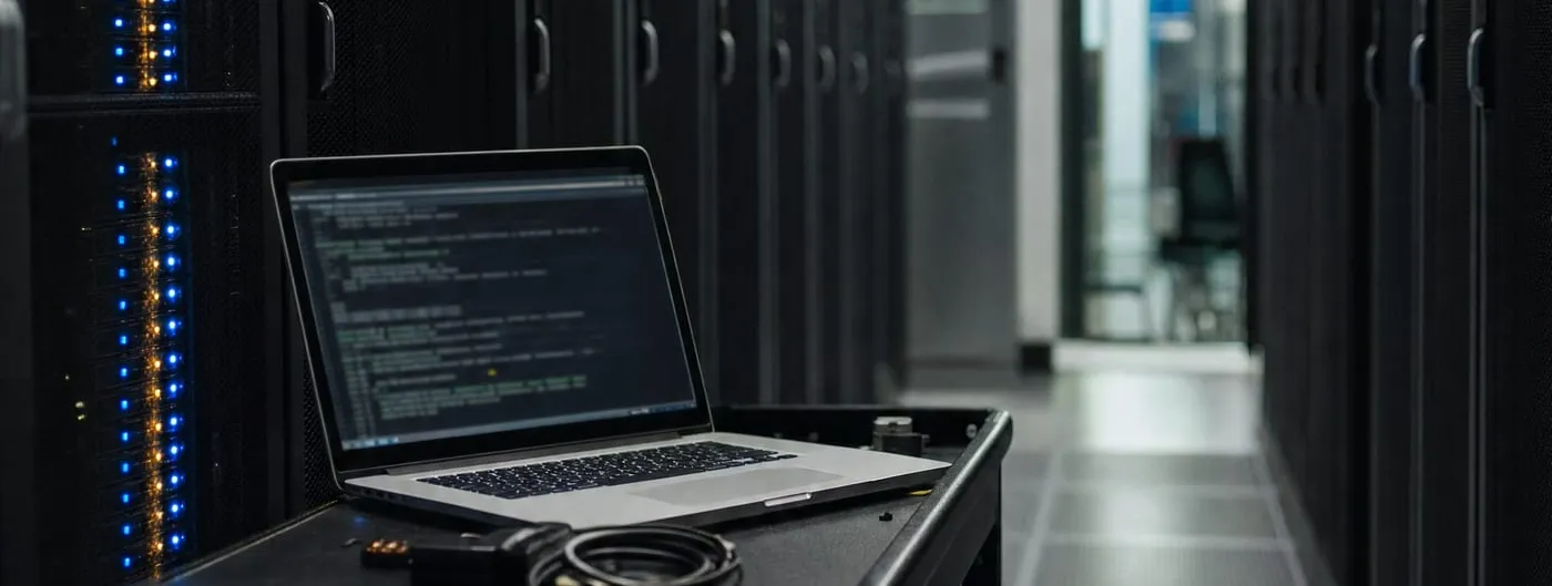 A dark data centre aisle between tall server racks studded with small blue and amber status lights, a laptop open on a maintenance cart in the foreground.