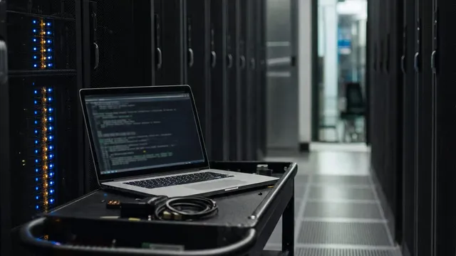 A dark data centre aisle between tall server racks studded with small blue and amber status lights, a laptop open on a maintenance cart in the foreground.