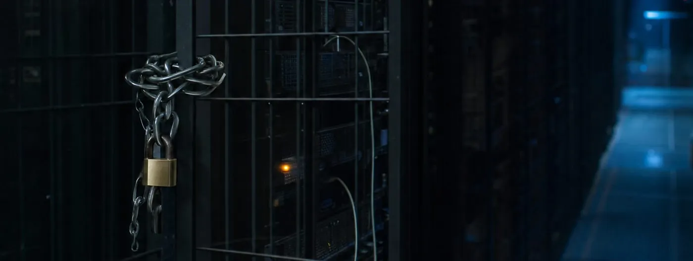A dark data-centre aisle with a caged server rack secured by a heavy chain and brass padlock, a single amber status light glowing inside and one loose network cable hanging beside it, lit in cold blue.